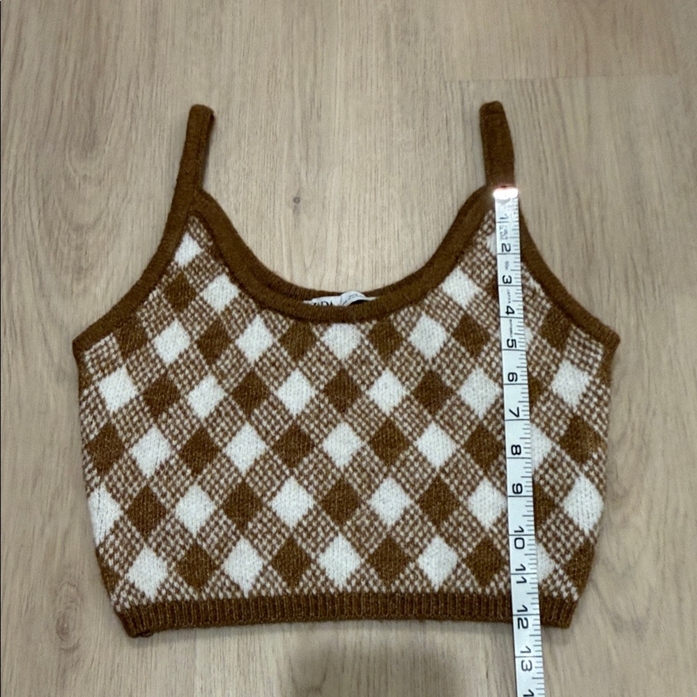 Zara small Brown and White Checkered Women's Top - Picture 4 of 6
